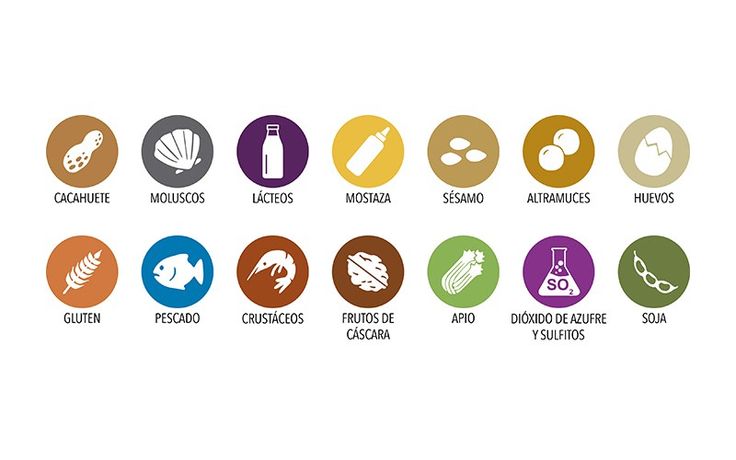 Guía visual de alérgenos: cacahuete, moluscos, lácteos, mostaza, sésamo, altramuces, huevos, gluten, pescado, crustáceos, frutos de cáscara, apio, dióxido de azufre y sulfitos, y soja